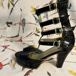 Used black, patent leather, platform, samba shoes made in Rio de Janeiro, Brazil